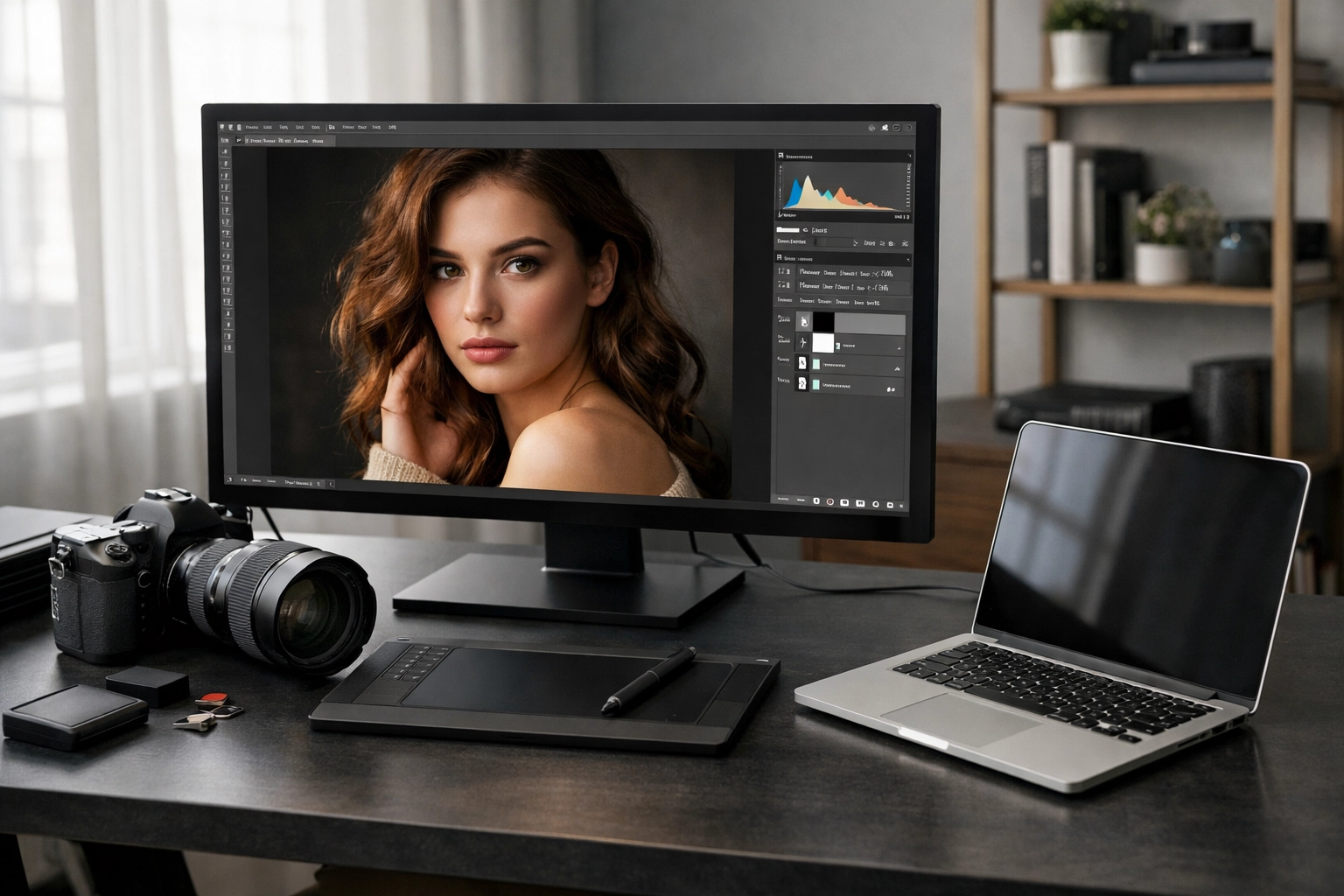 Professional photography workspace showing a clean desk and camera gear for a successful pro career.
