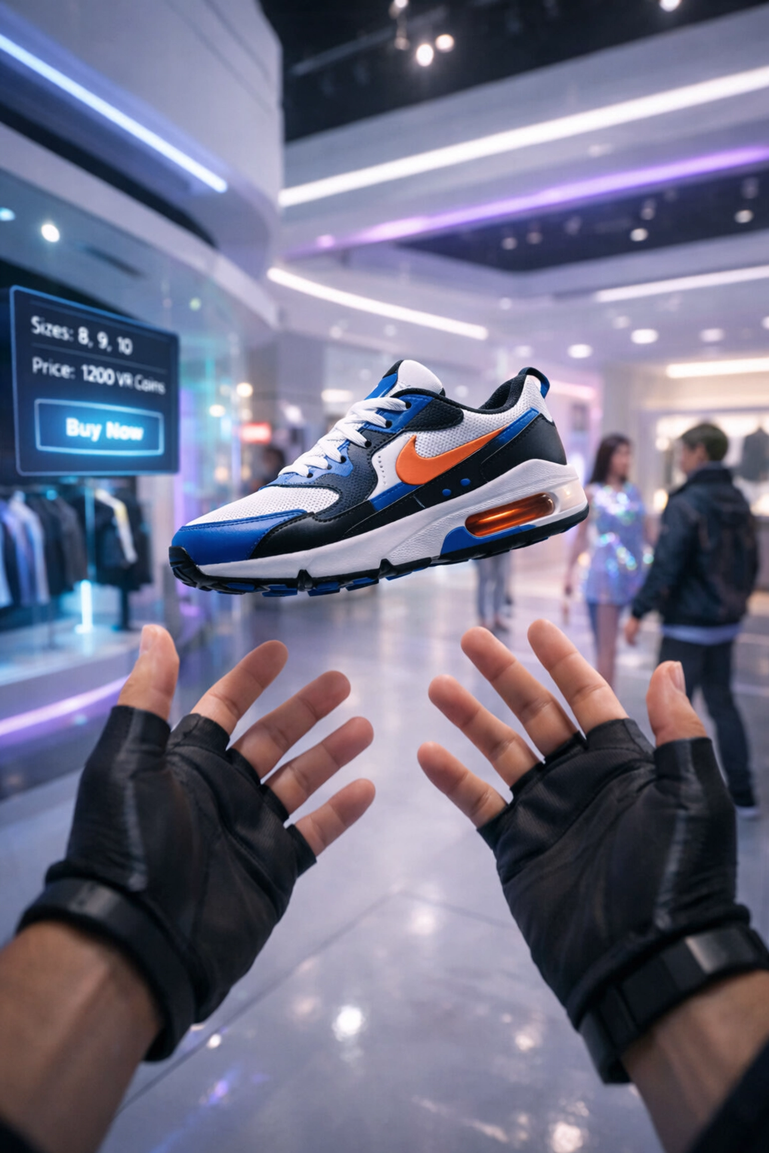 Customer avatar shopping in VR storefront with holographic product displays in metaverse