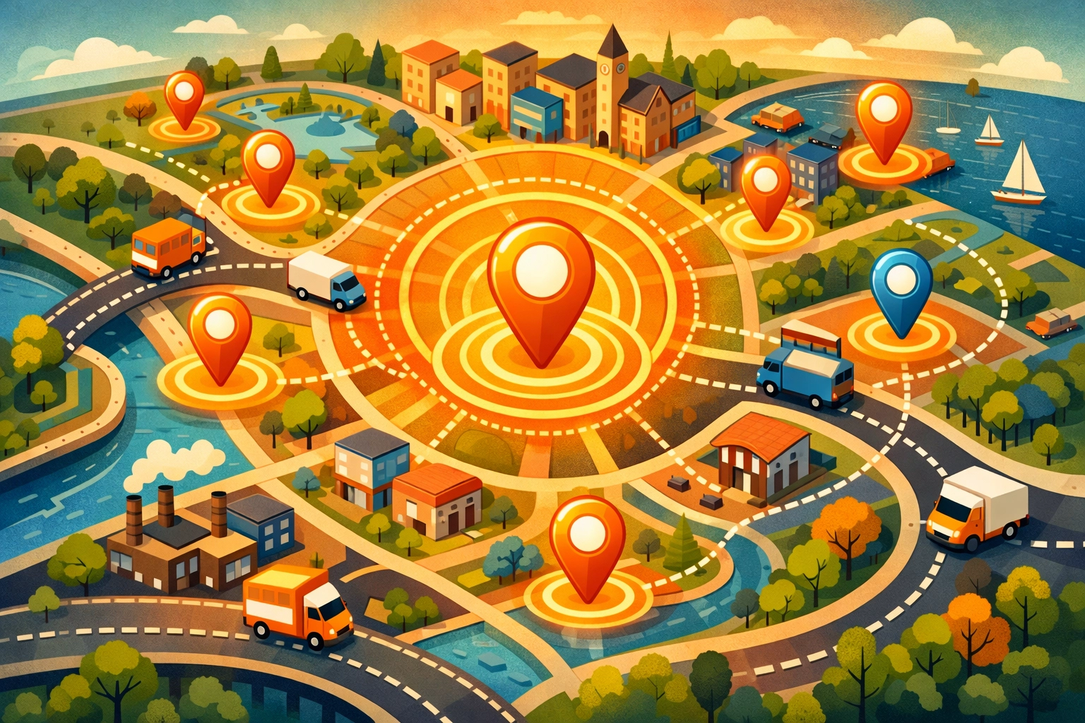 Local SEO map showing logistics company service area with delivery route coverage