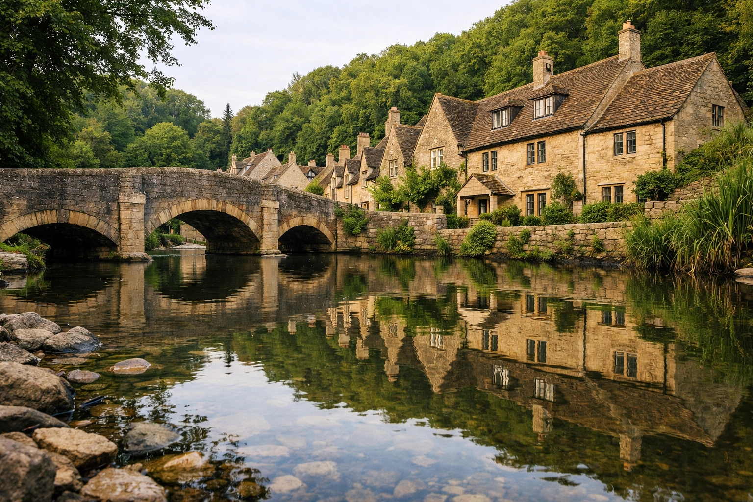 Reflections of historic stone cottages in the By Brook river at the iconic Castle Combe bridge.