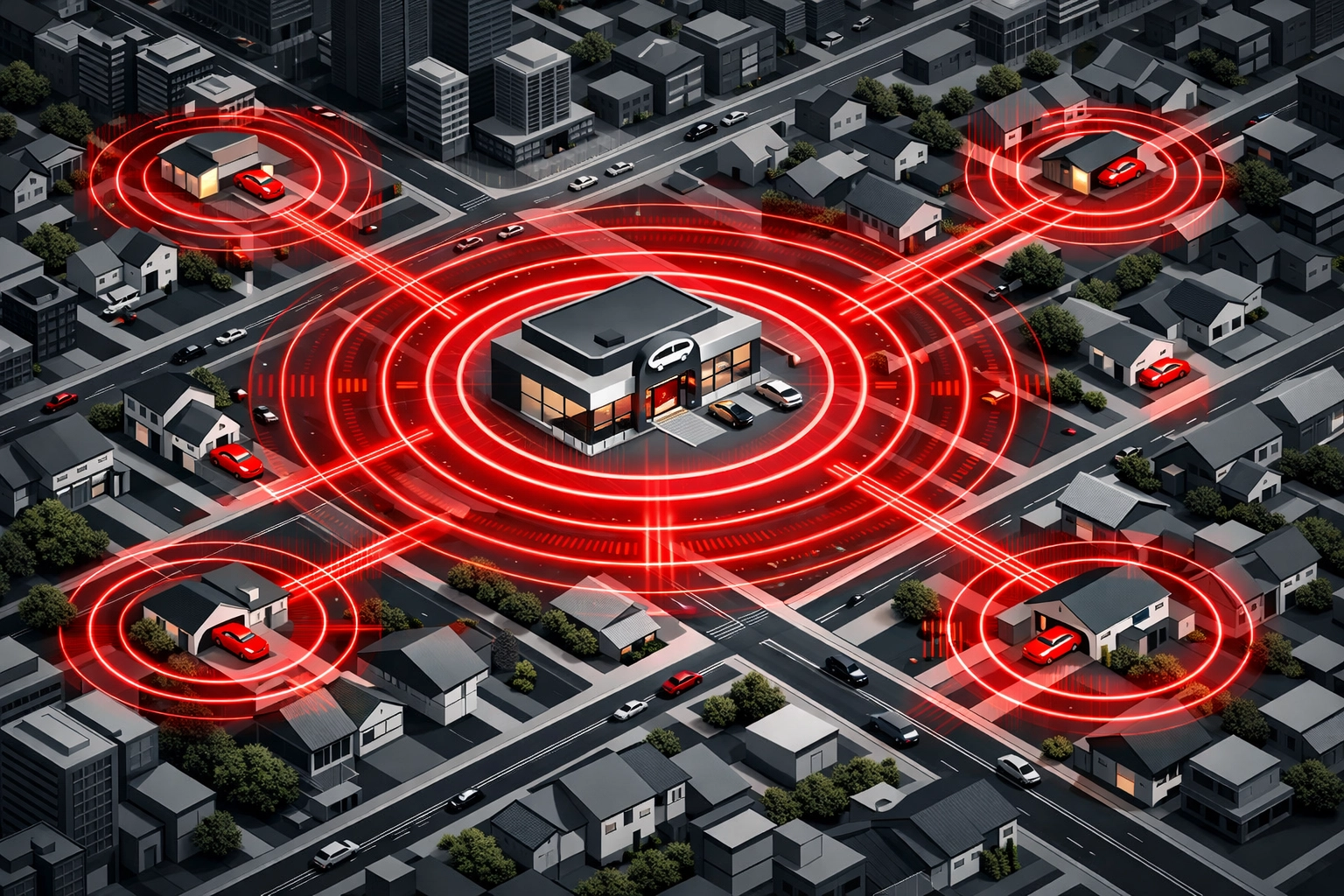 Map showing a car dealership's digital reach to identify open recalls throughout its primary market area.