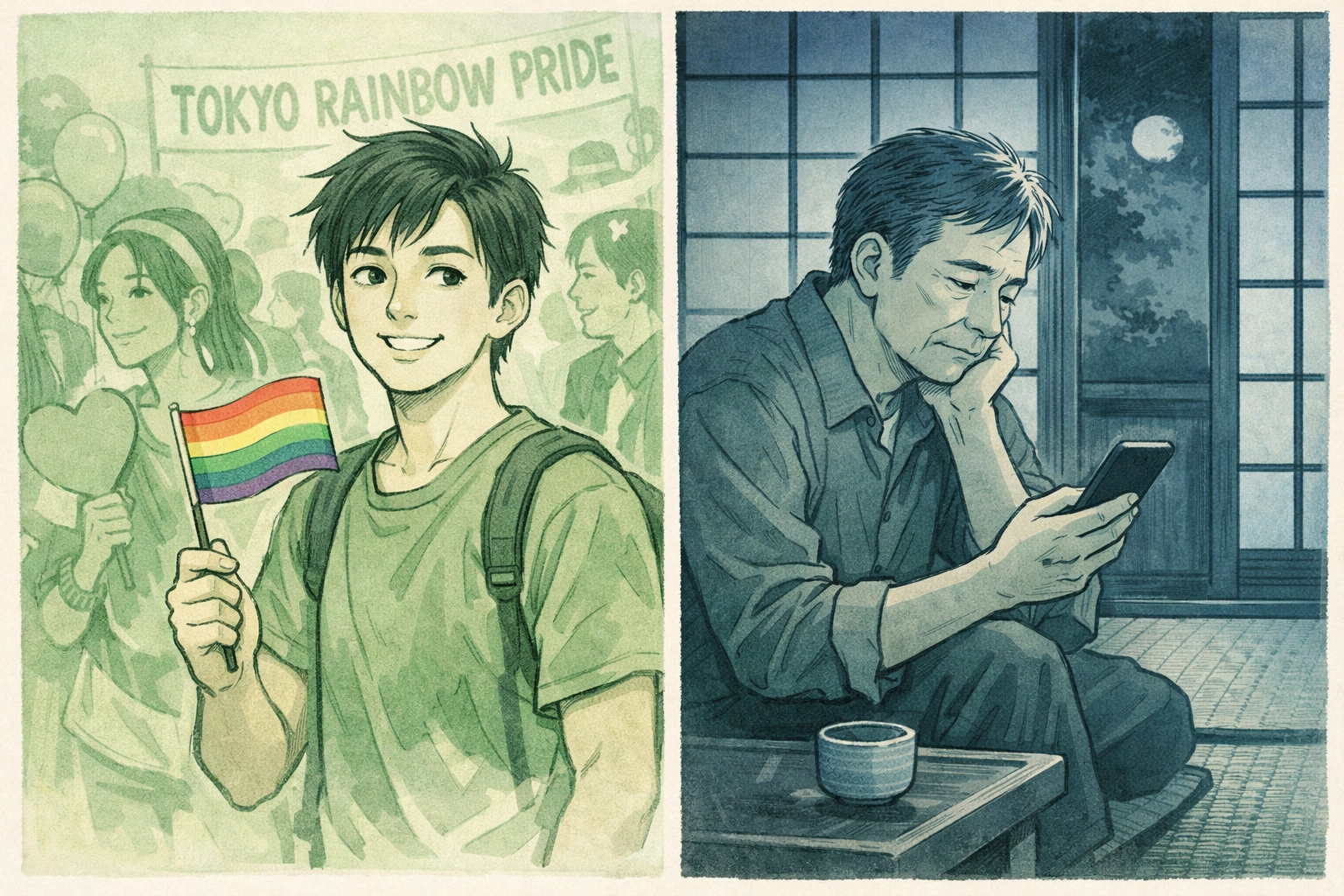 Young man at Tokyo Rainbow Pride versus older Japanese man alone showing generational divide