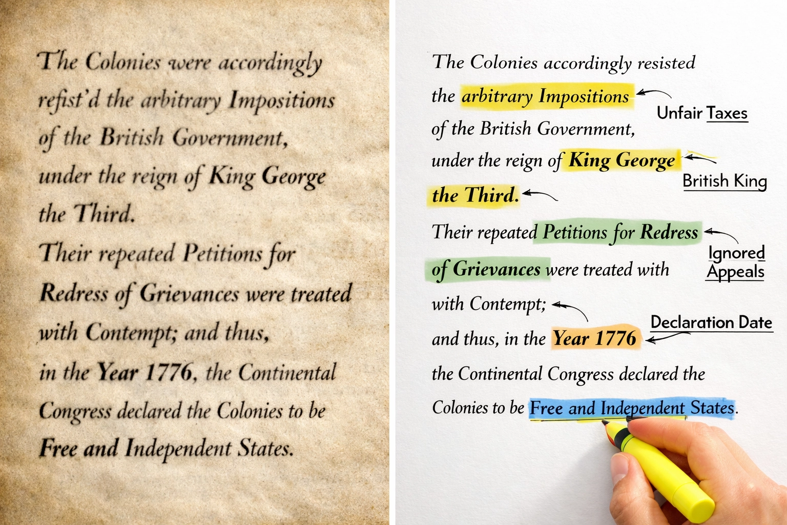 Historical text transformed from archaic language to modern annotated version