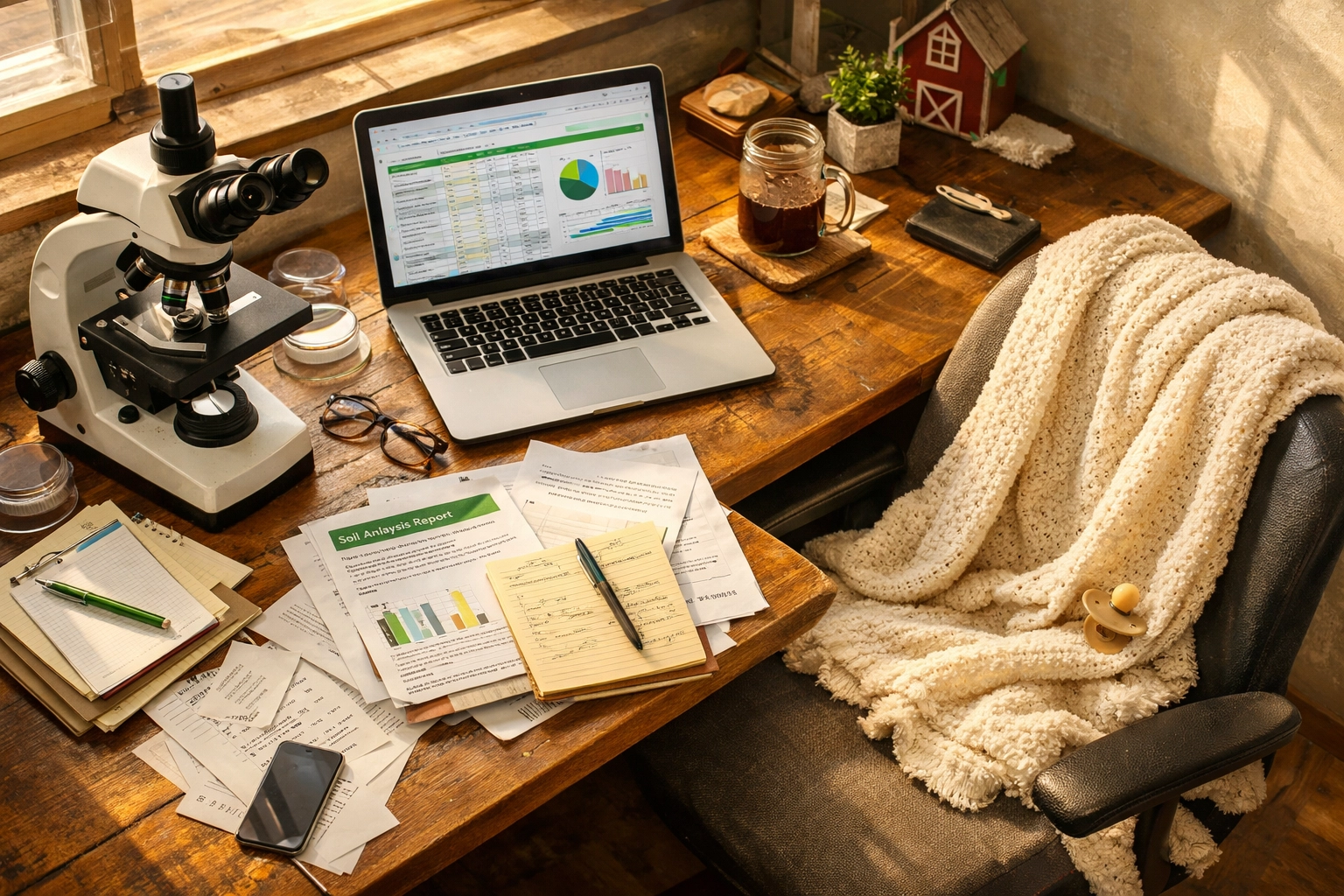Farm office with microscope and baby blanket showing mom entrepreneur balancing livestock genetics work