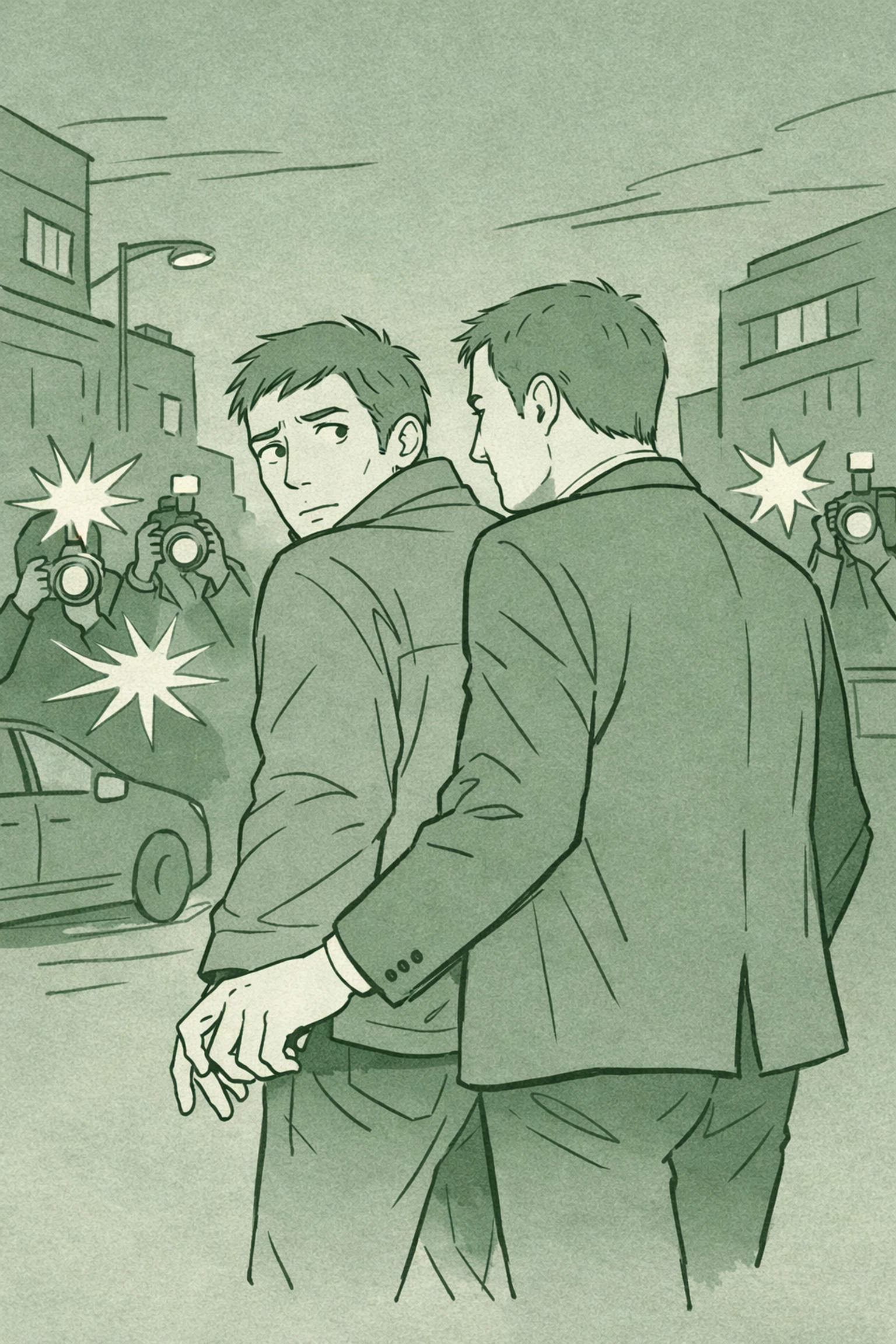 Gay couple walking city street under media scrutiny in contemporary MM romance