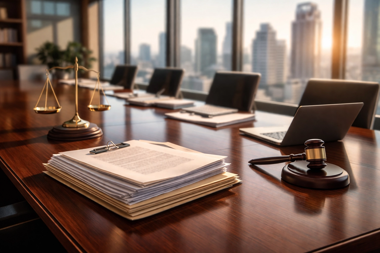 Conference room with legal documents and laptop illustrating E&O insurance coverage for professionals