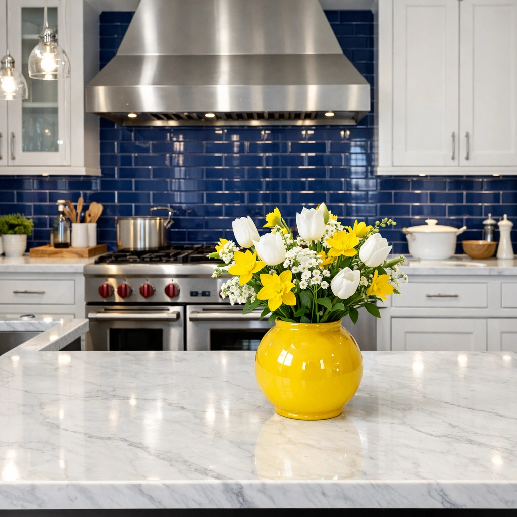 Deep-cleaned luxury kitchen in Westford MA with sparkling marble countertops and clean surfaces.