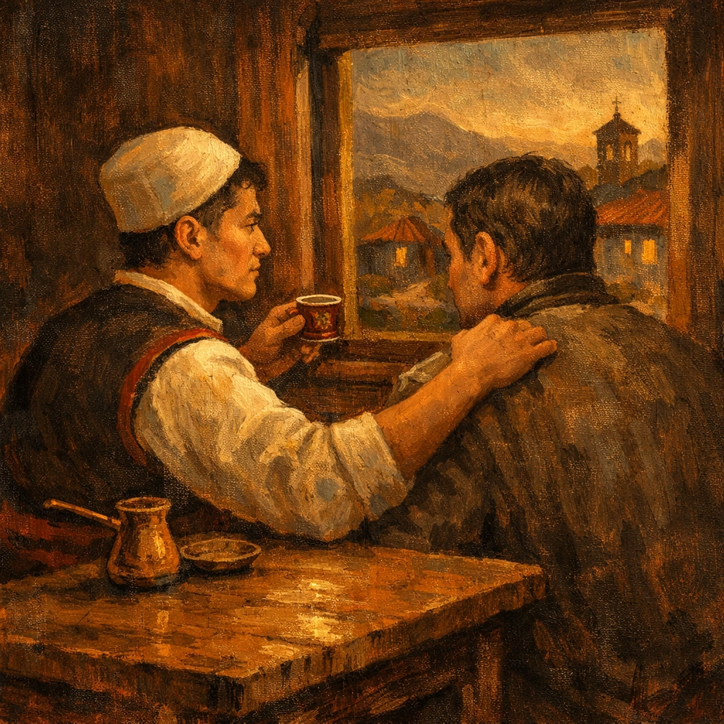 Masculine-presenting Burrnesha sharing coffee with men, showing social acceptance of gender transition.