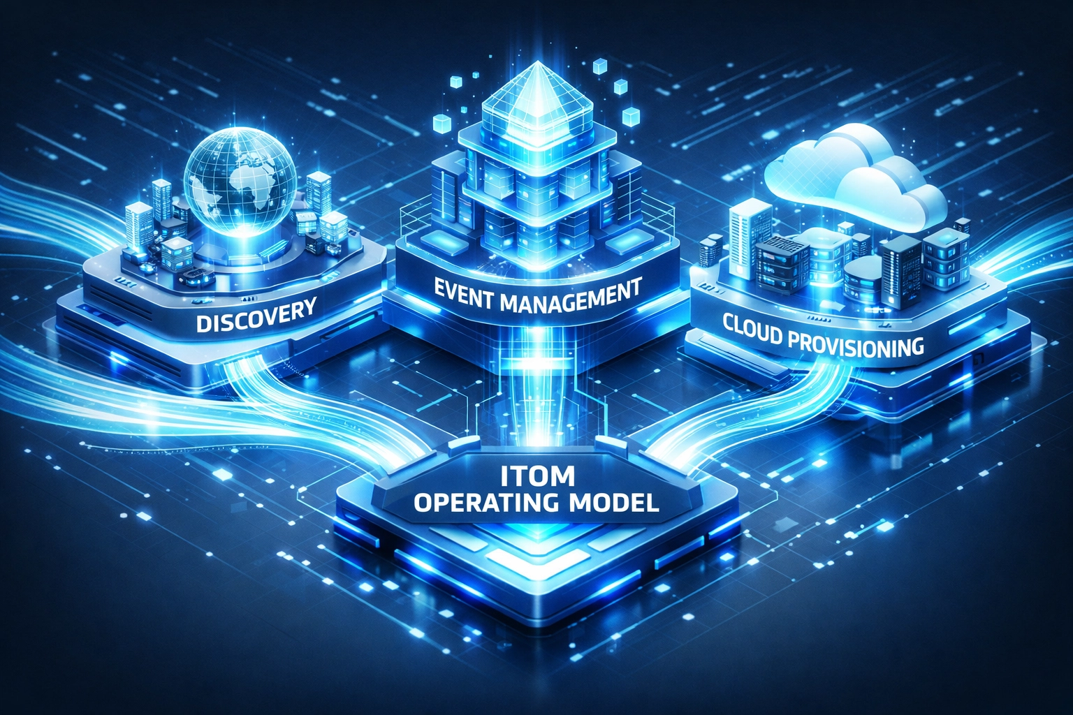 Unified ServiceNow ITOM operating model with integrated discovery, event management, and cloud modules