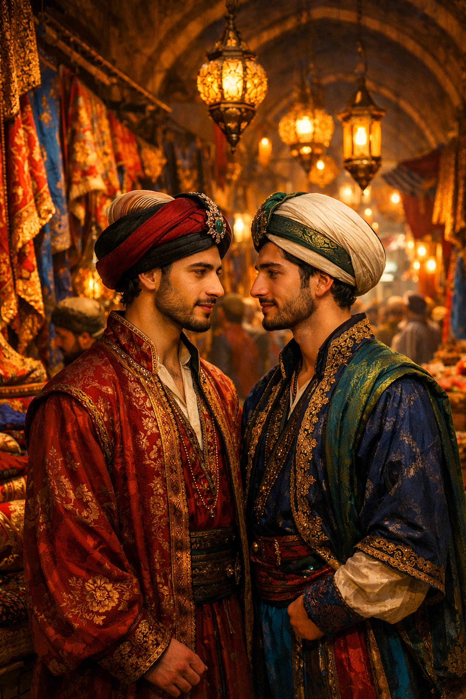 Two Ottoman merchants share a meaningful glance among textiles in the historic Grand Bazaar