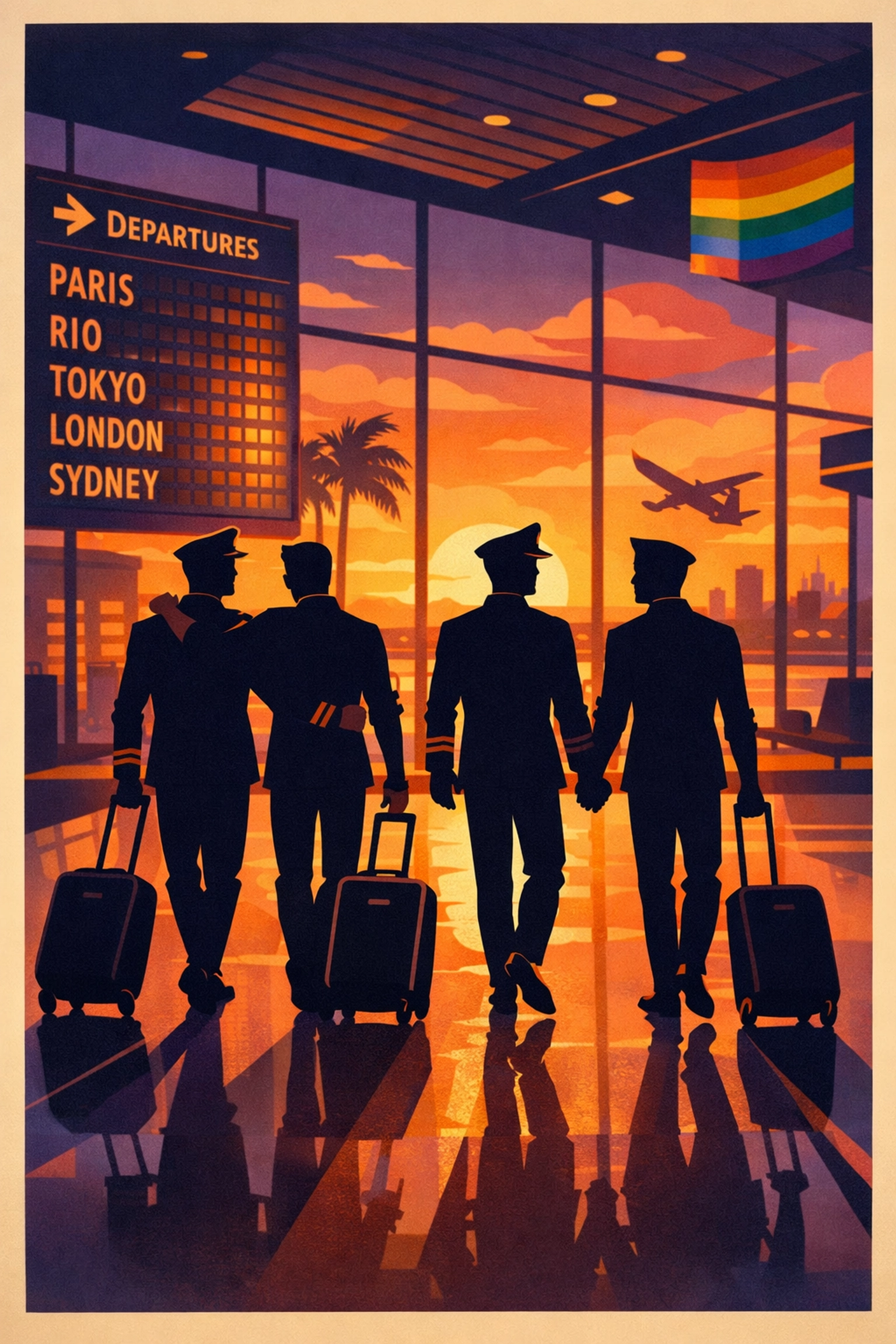 Gay flight crew members at airport terminal during golden age of aviation