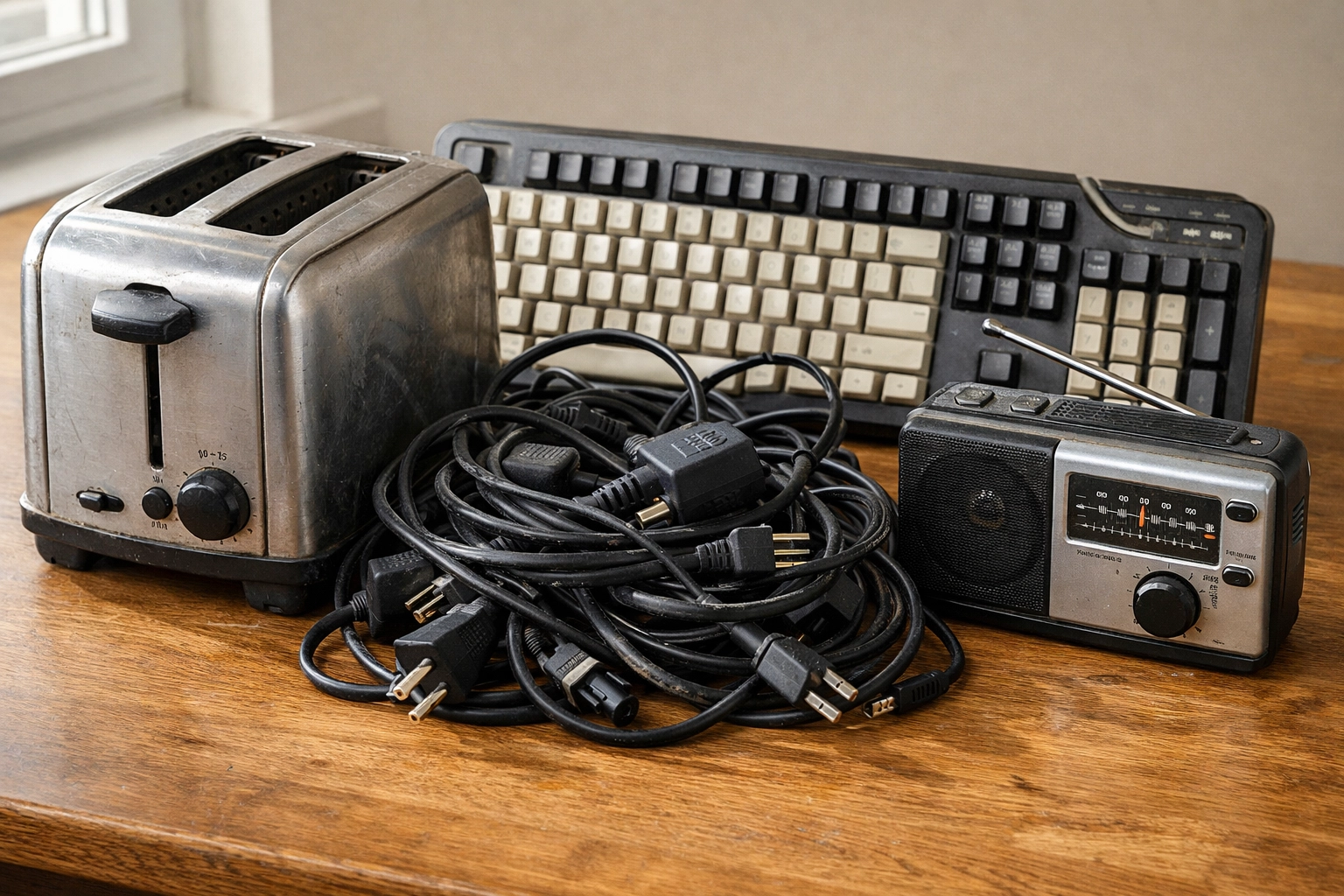 Common household electronic waste including an old keyboard and cables ready for WEEE recycling.