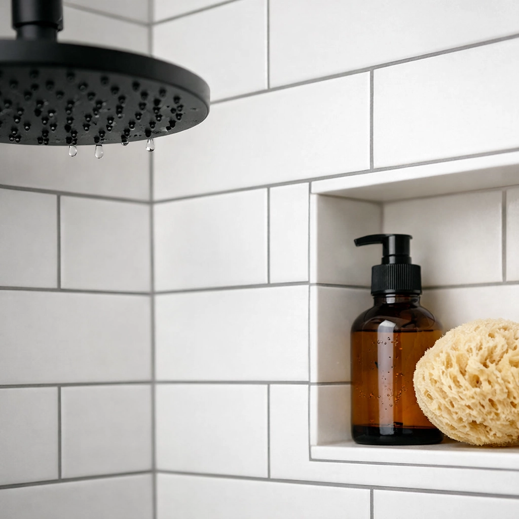 High-quality tile work and modern shower fixtures from a Philadelphia bathroom remodeling project.
