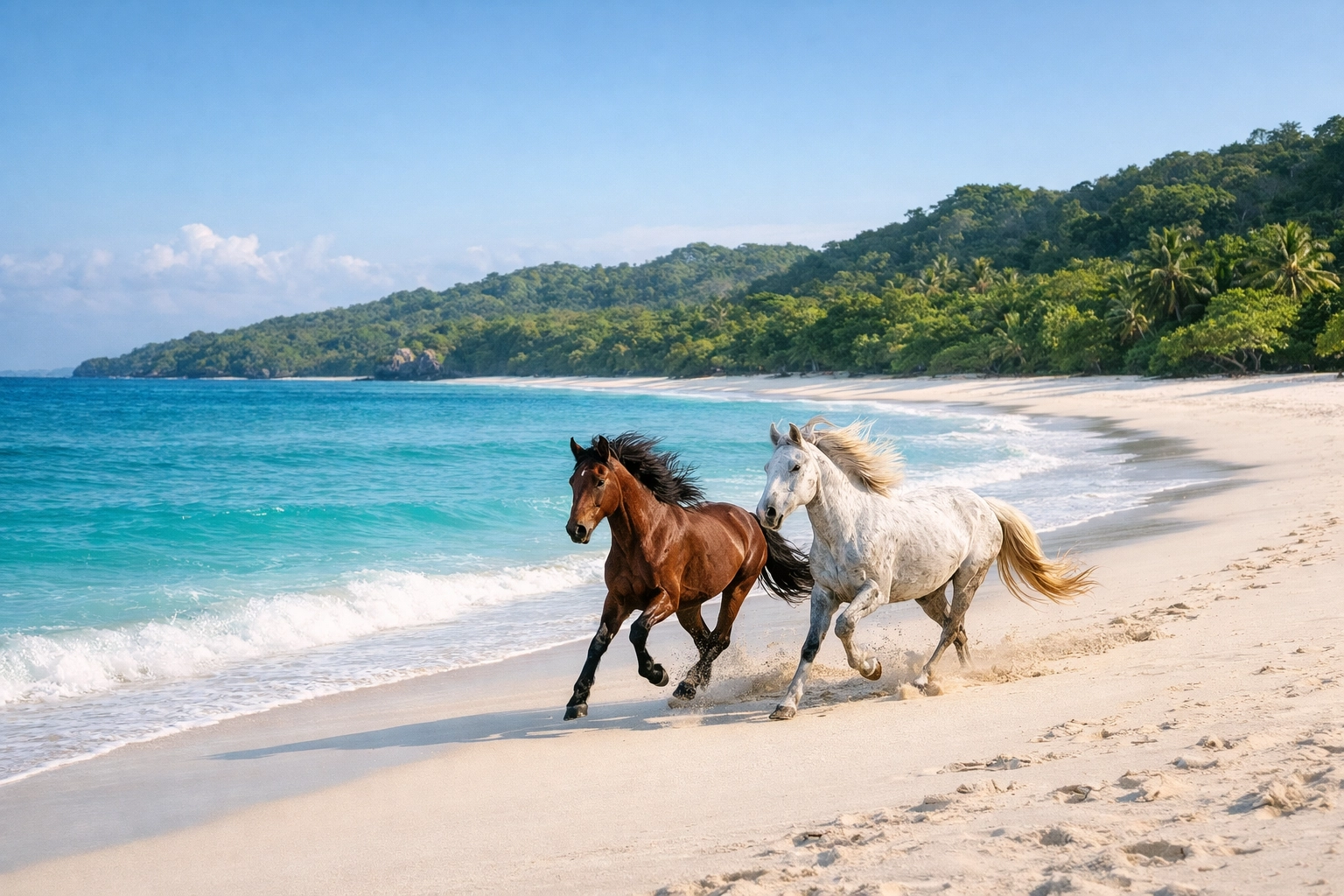 Wild horses running along a pristine, deserted beach with turquoise water in Sumba, Indonesia.