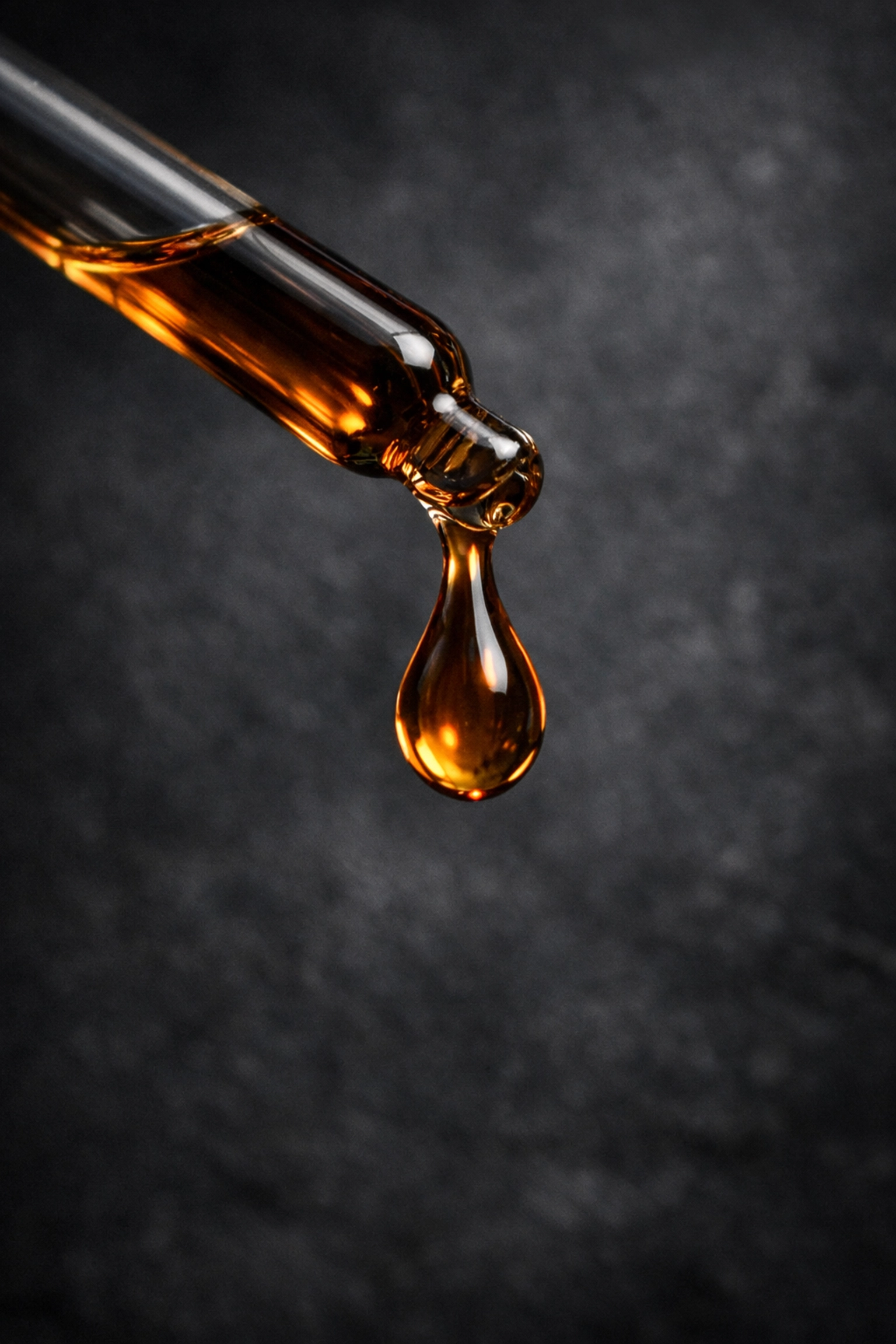 Close-up of a pure beard oil drop from a glass dropper for fast skin absorption and grooming.