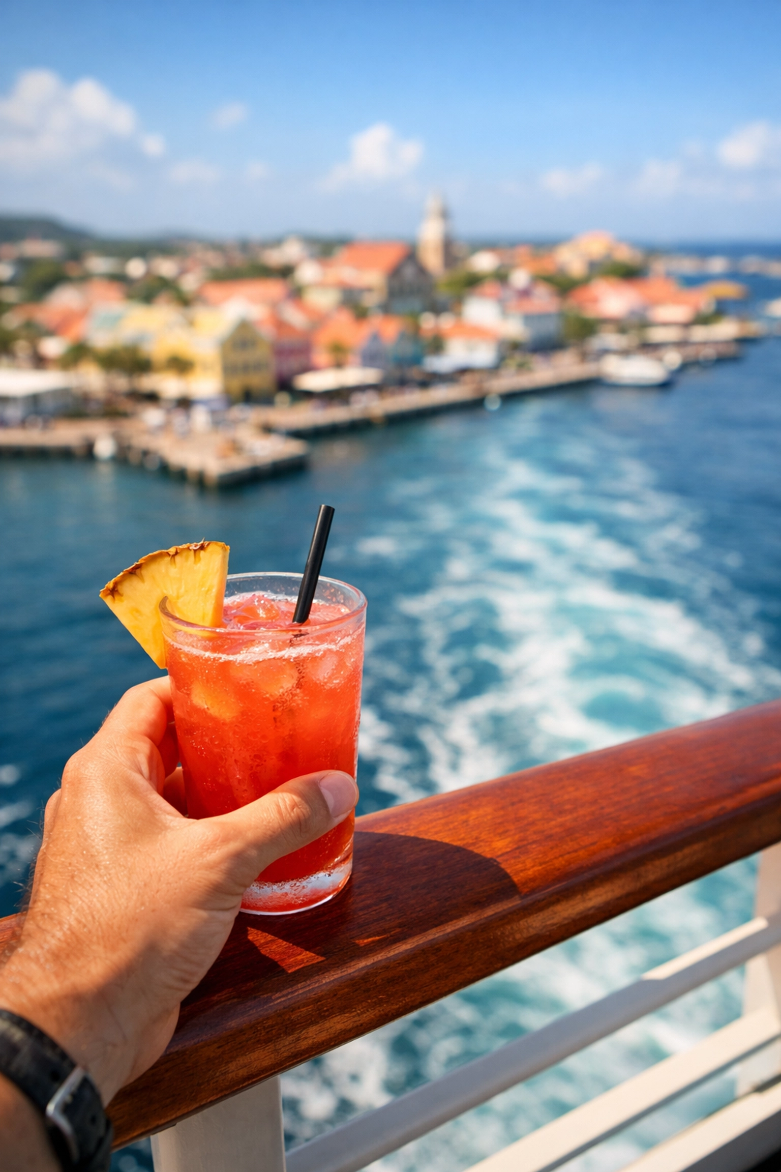 A passenger holding a tropical drink overlooking a port, ready for a stress-free group cruise.