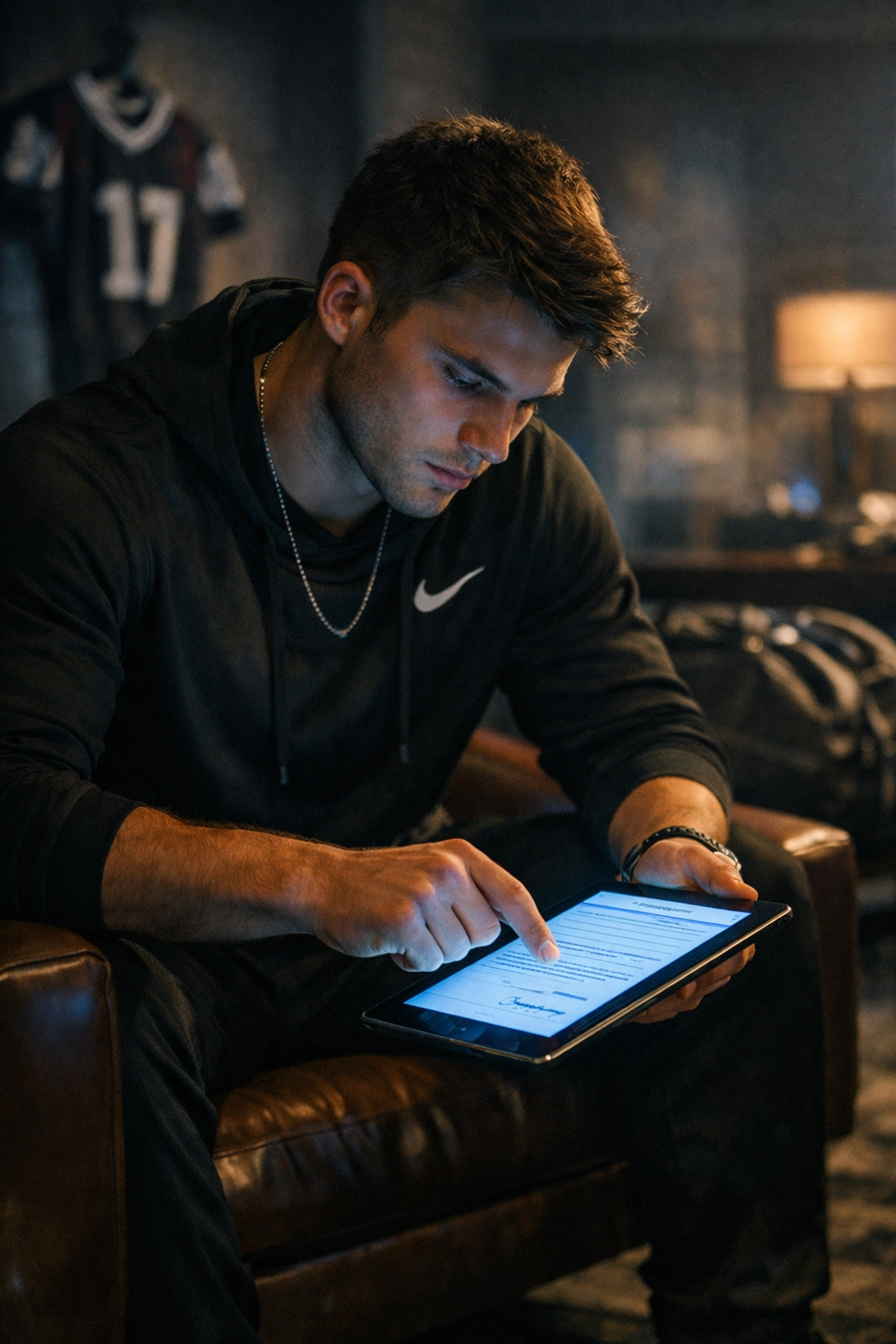 Student-athlete carefully reviewing an NIL agreement on a tablet to ensure brand compliance.