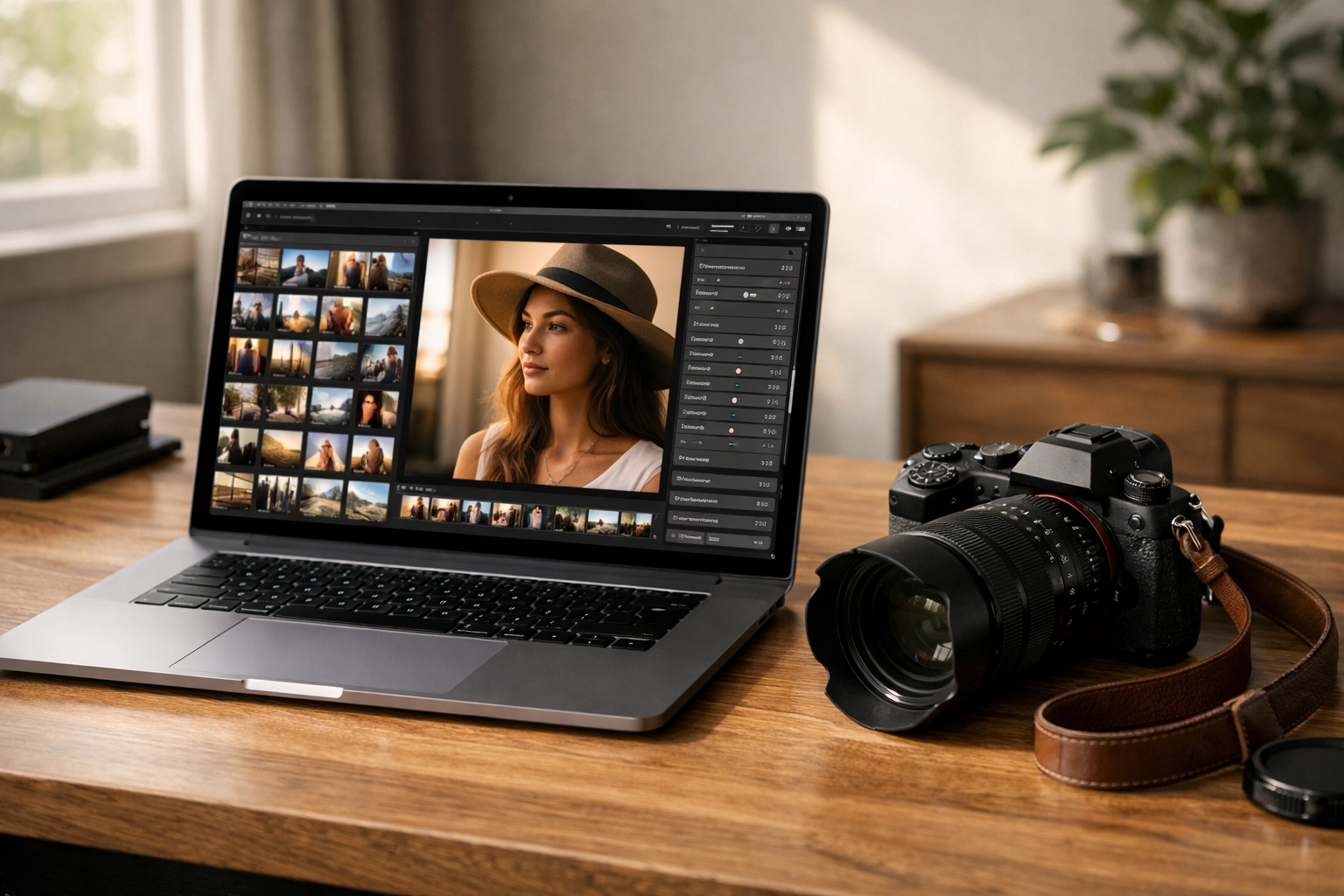 Professional photographer workspace with a camera and laptop running AI photo editing software on a sunlit desk.