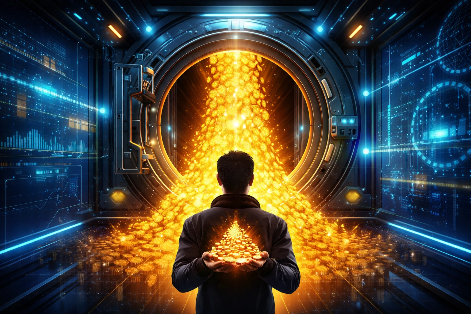 A glowing digital vault opens to deliver cryptocurrency coins directly to a merchant, symbolizing self-custody in Larecoin payments.