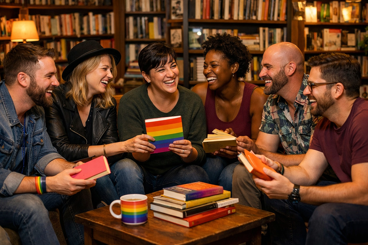 LGBTQ+ authors and readers discussing queer fiction in a cozy community bookstore lounge.