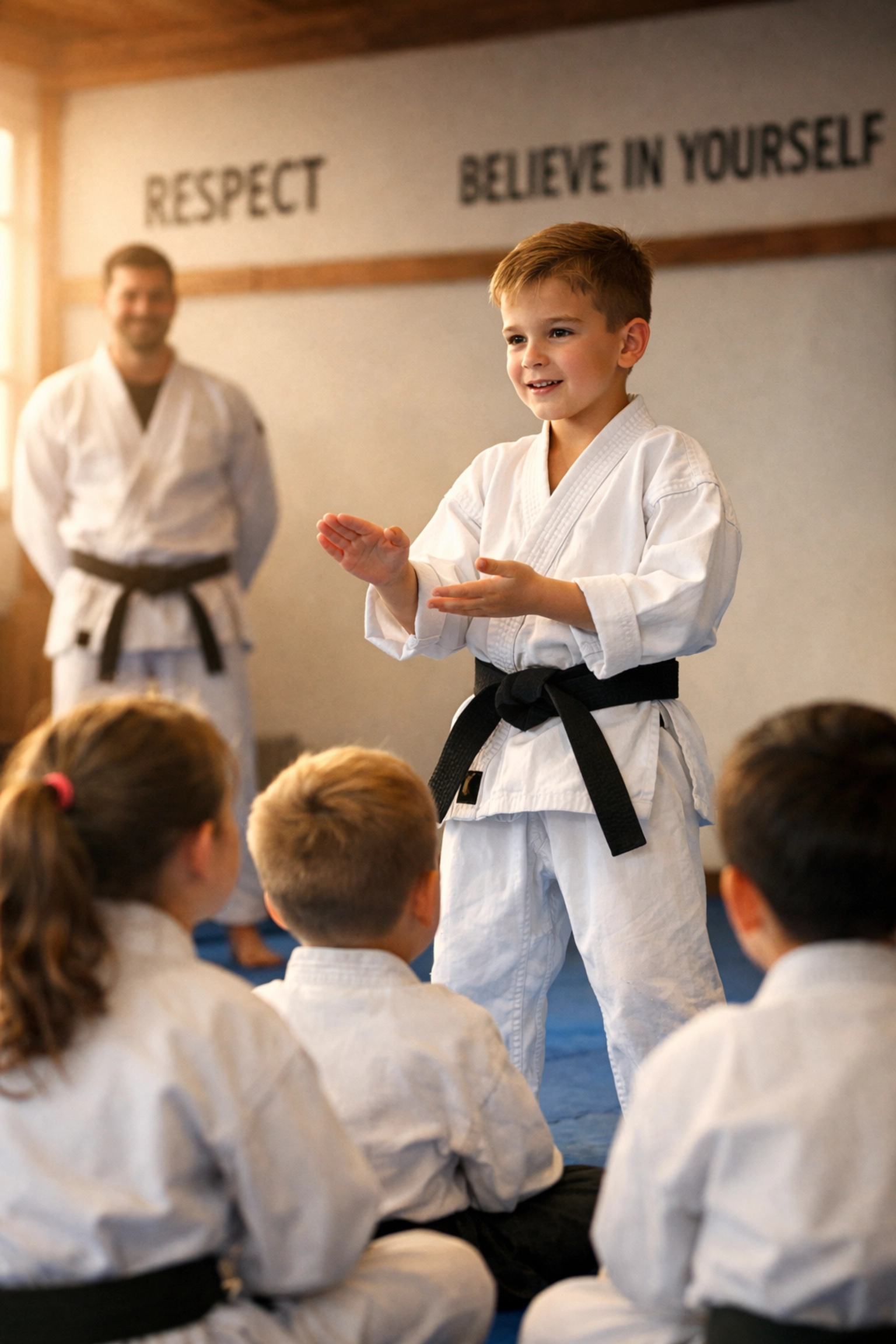 Shy child builds confidence by demonstrating martial arts technique to classmates