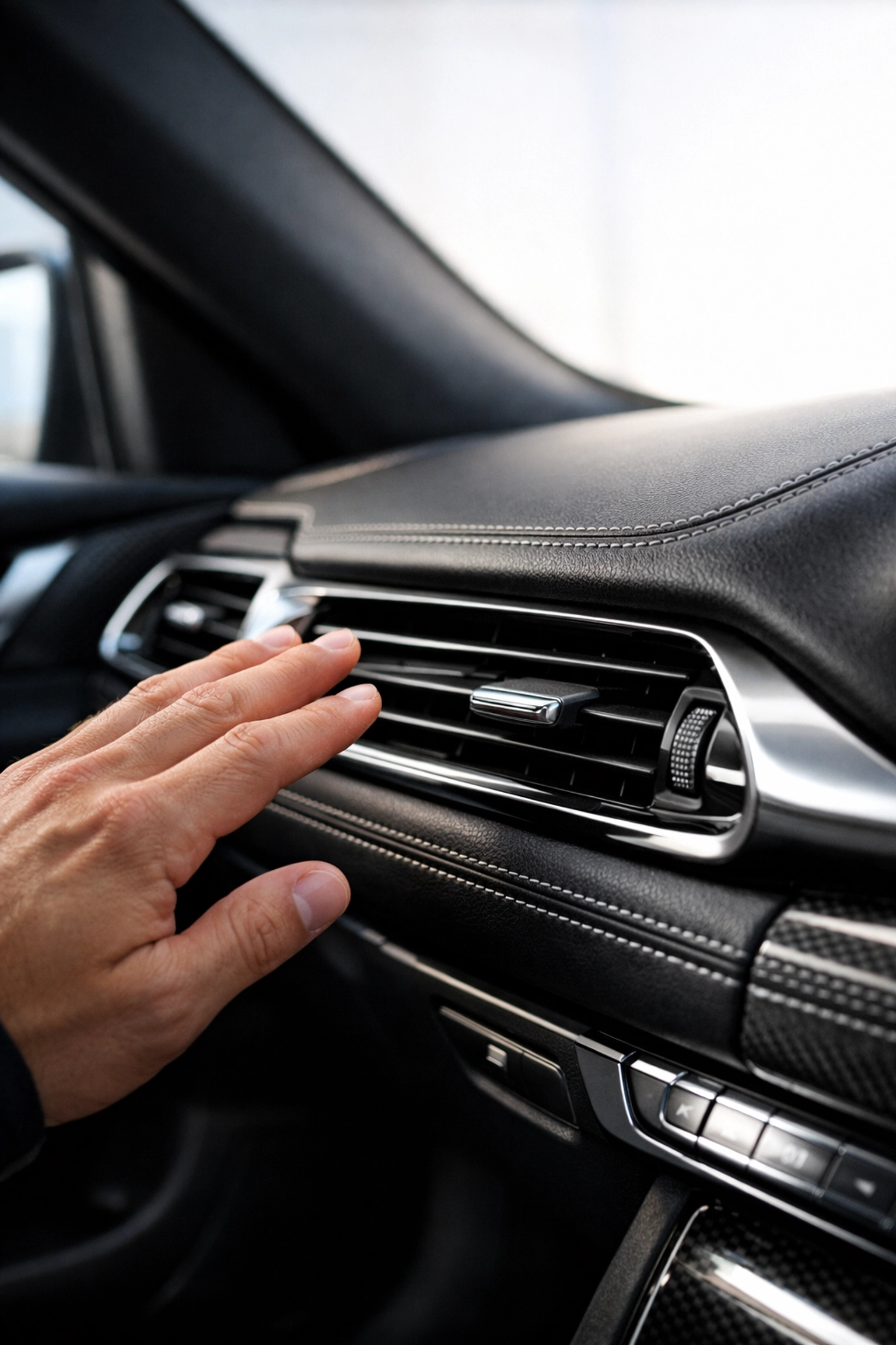 A driver testing the airflow from a luxury car's dashboard vents to check for weak air conditioning issues.