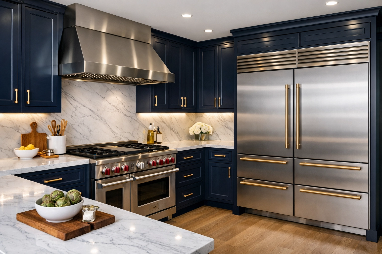 Spotless gourmet kitchen in a Dover home with polished marble countertops and professional stainless steel appliances.