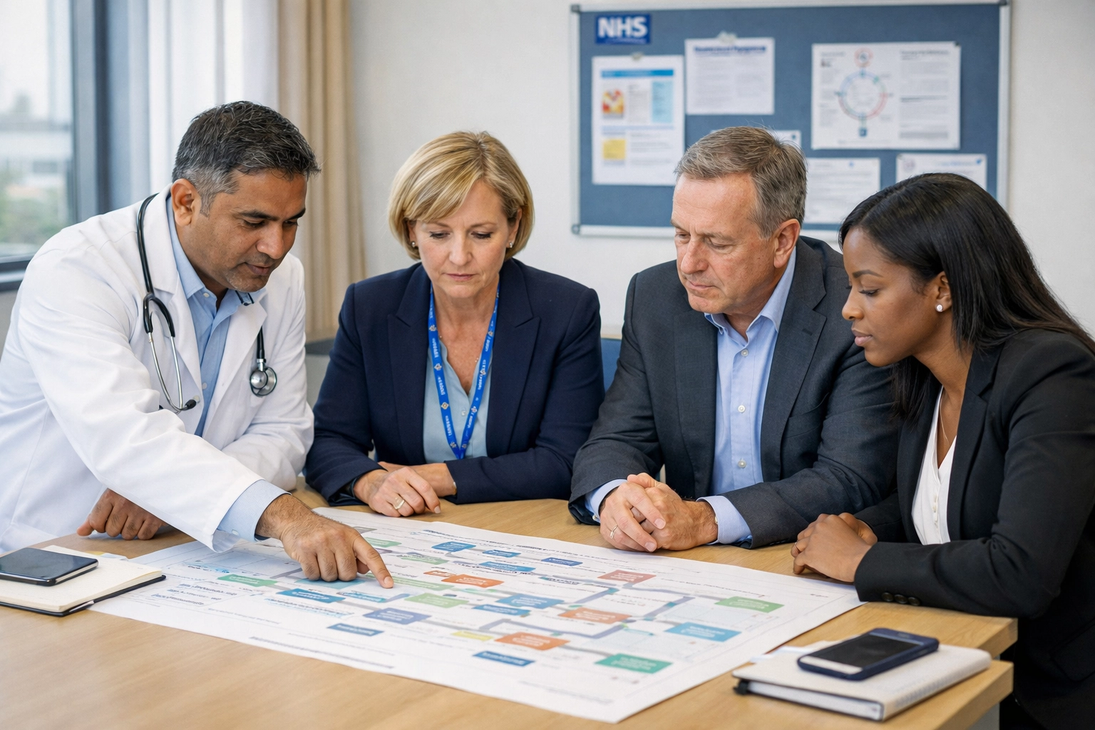 NHS healthcare leaders and clinicians collaborating on a respiratory care pathway map.