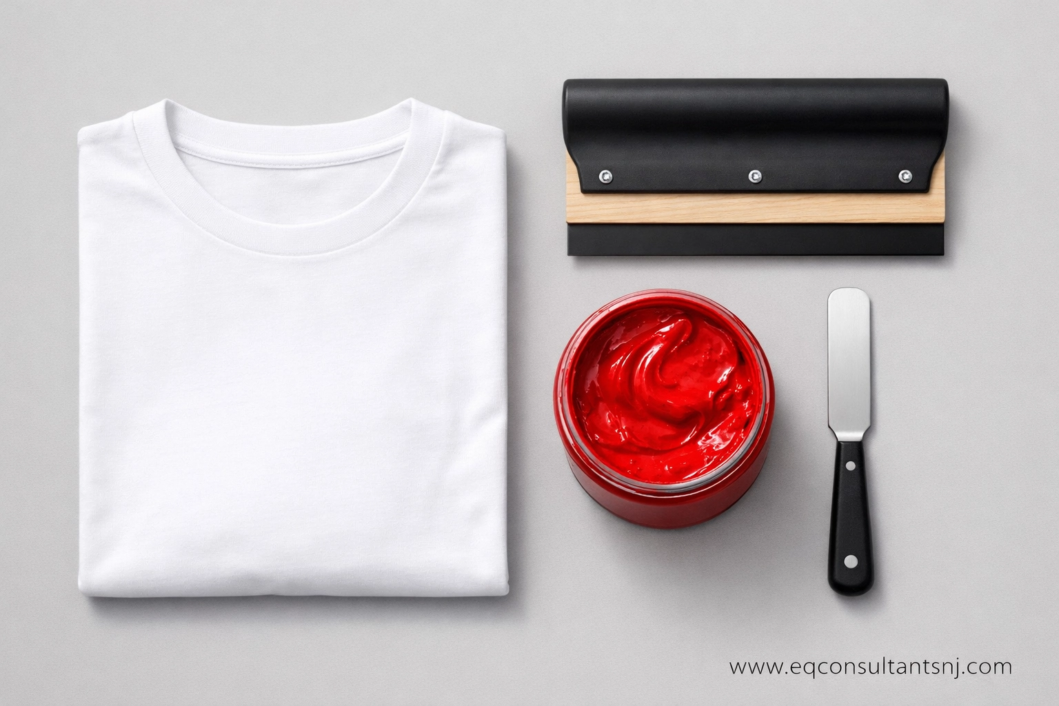 Essential materials like ink and squeegees used for accurate job costing in a professional screen printing business.