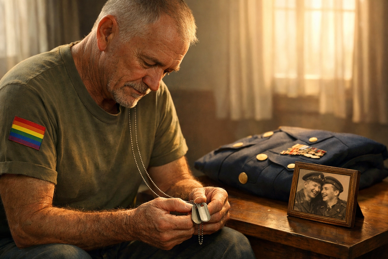 An older gay veteran holds his military dog tags while reflecting on a lifetime of service and resilience.