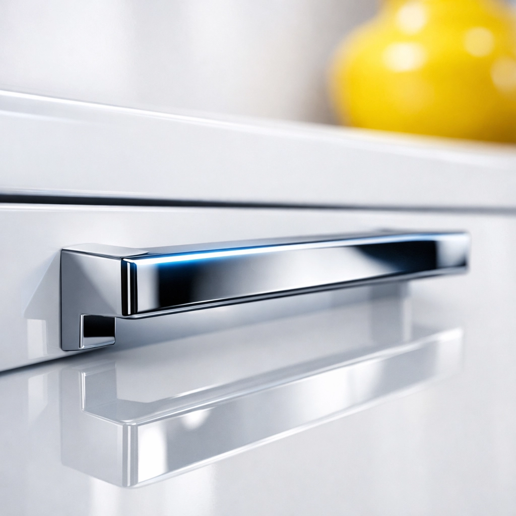 Deep cleaning details on a chrome cabinet handle with a mirror-like shine and no fingerprints.
