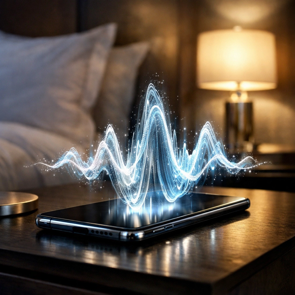 A digital soundwave on a smartphone in a hotel suite representing a sophisticated AI voice receptionist.