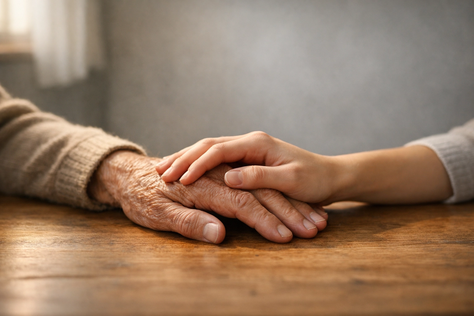 Two pairs of hands resting on a table, symbolizing reconciliation and restorative justice after hurt.