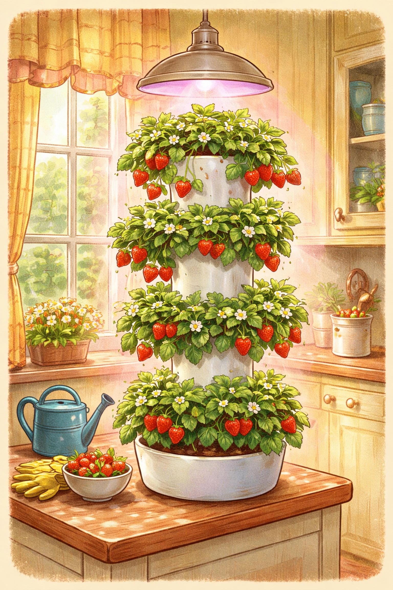 Vertical hydroponic strawberry tower garden in a sunny indoor kitchen with ripe red strawberries thriving under grow lights