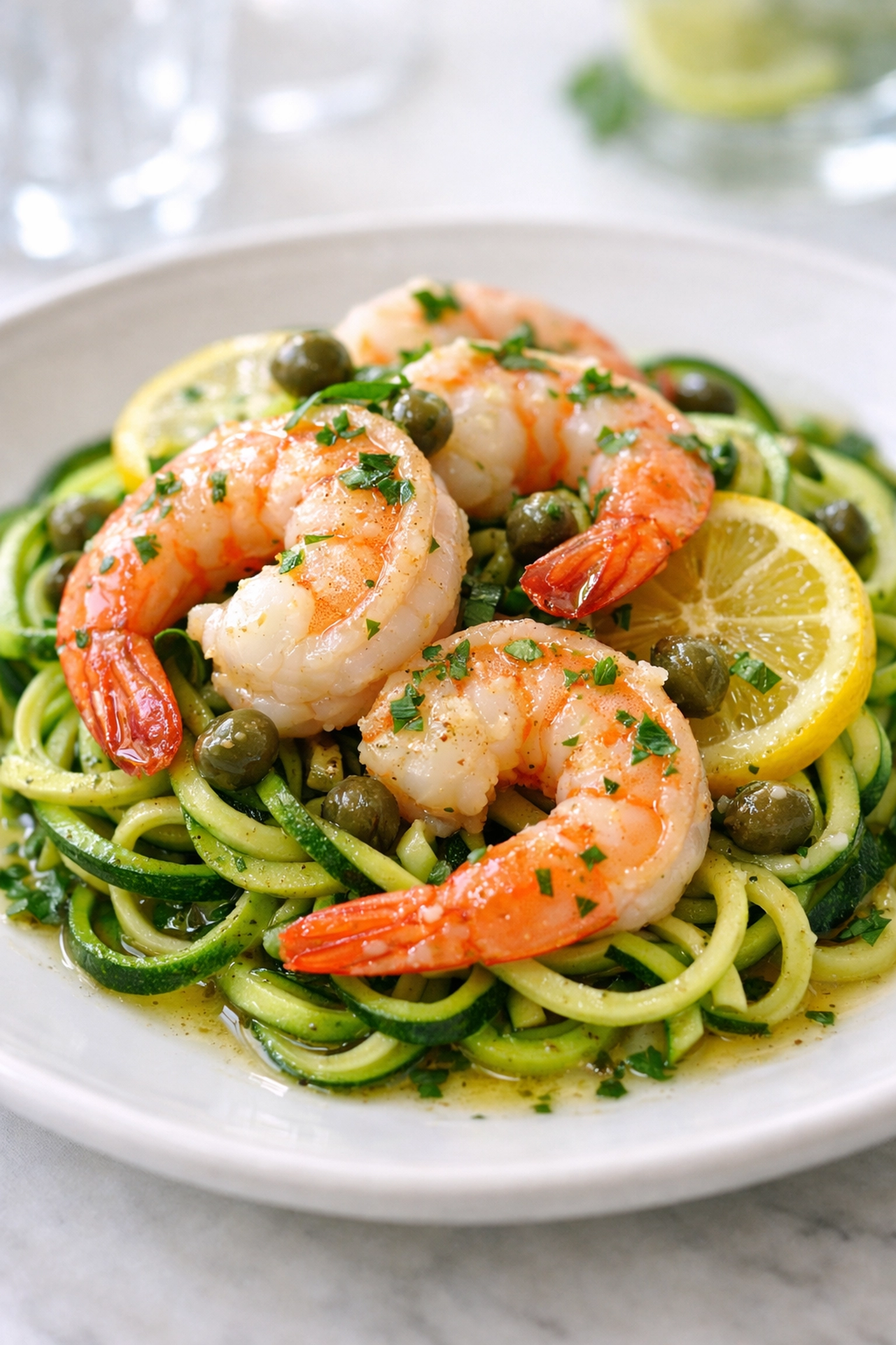 Healthy shrimp piccata served over zucchini noodles, a high-protein dinner for mental wellness.