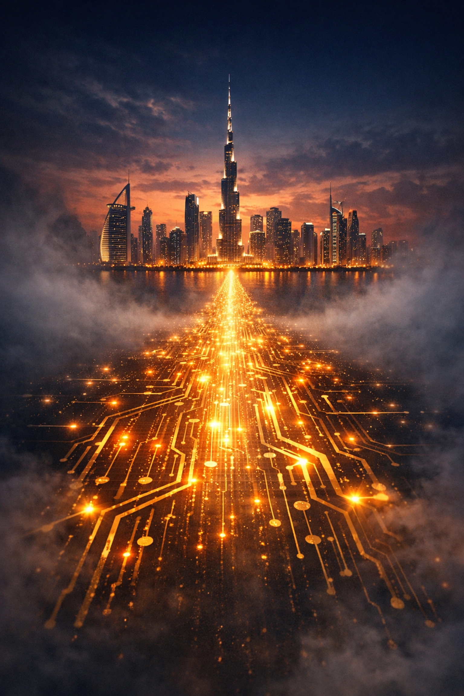 An illuminated digital circuit path leading to the Dubai skyline symbolizing an AI career journey