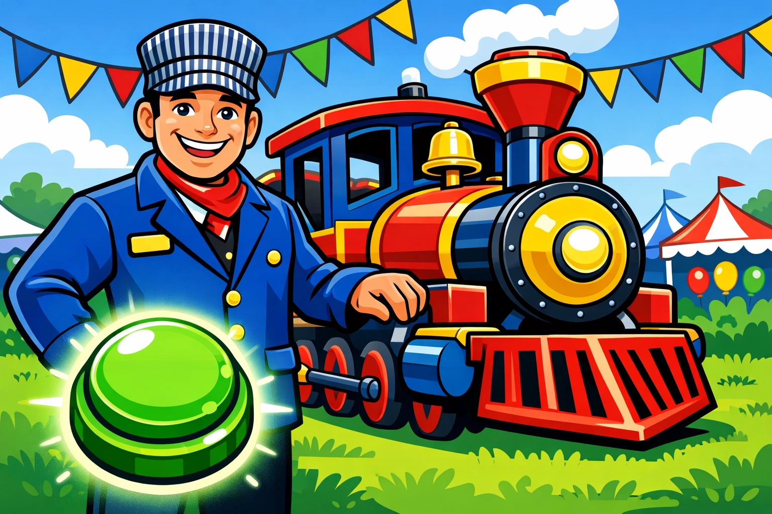 Turnkey trackless train rentals in Ontario with a professional conductor at a sunny community festival event.