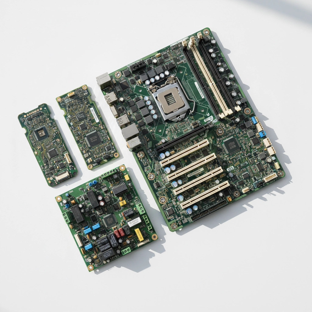 a motherboard with a power board and two generic printed circuit boards