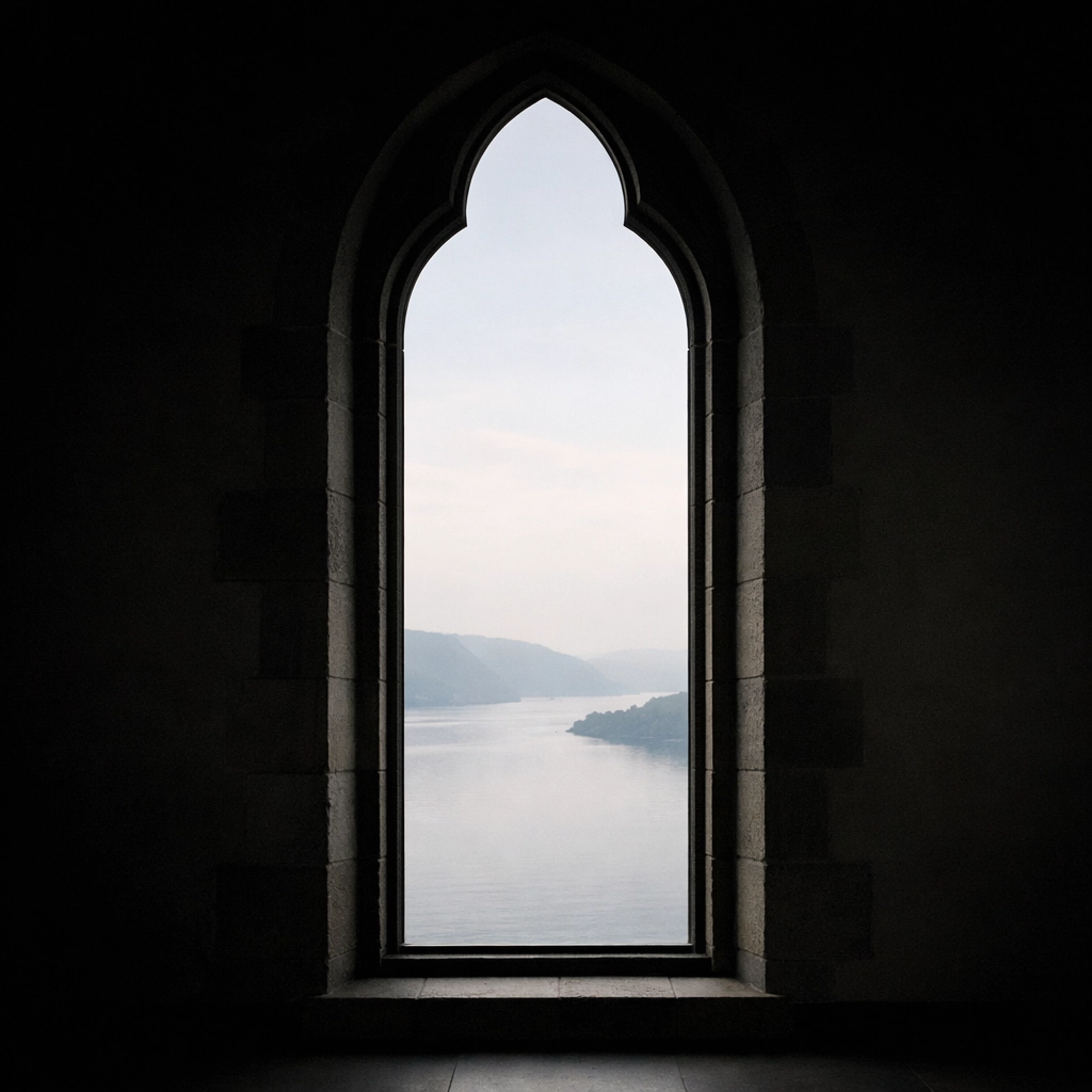 Gothic lancet window overlooking the Hudson River and Fort Tryon Park during a private museum tour NYC.