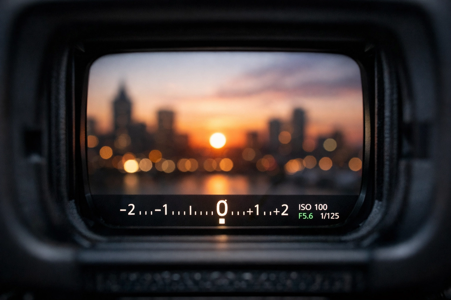 Close up of a camera viewfinder light meter balanced for correct exposure in manual mode.