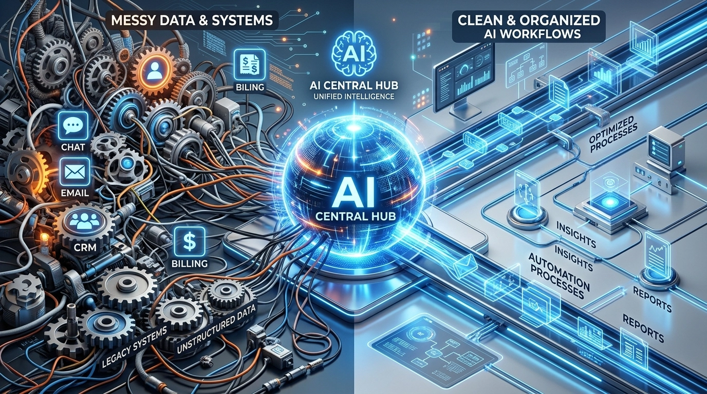 Concept illustration: messy tools consolidated into one AI hub