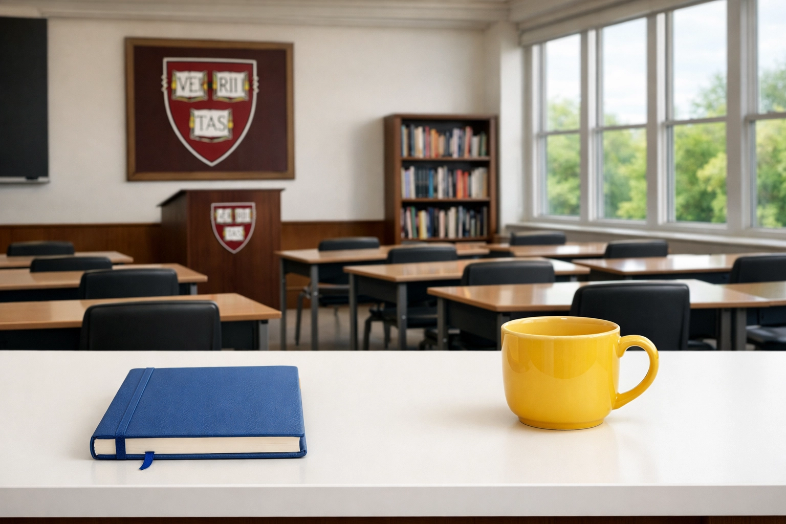 A pristine and organized teacher workspace in a professionally cleaned Harvard classroom.