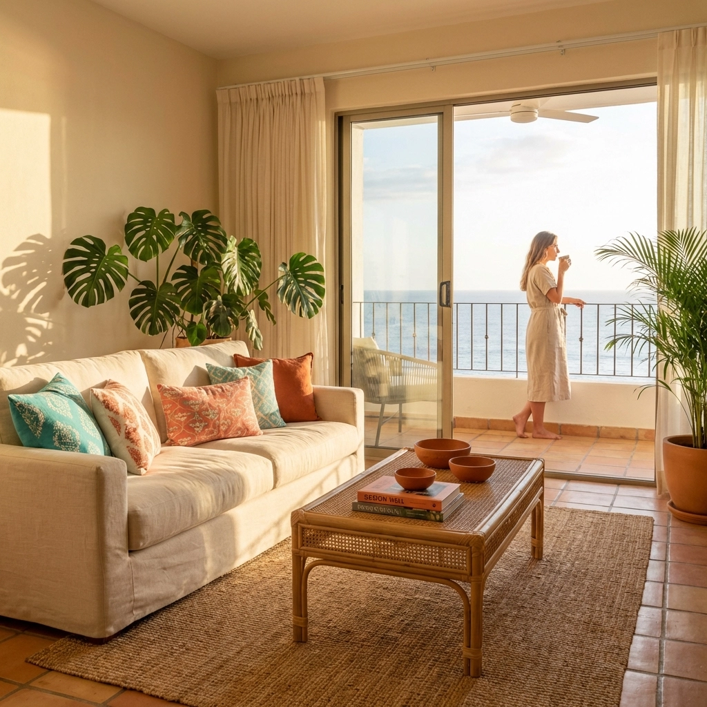 Beautifully furnished coastal Mexico apartment living room with ocean view balcony in Puerto Vallarta rental
