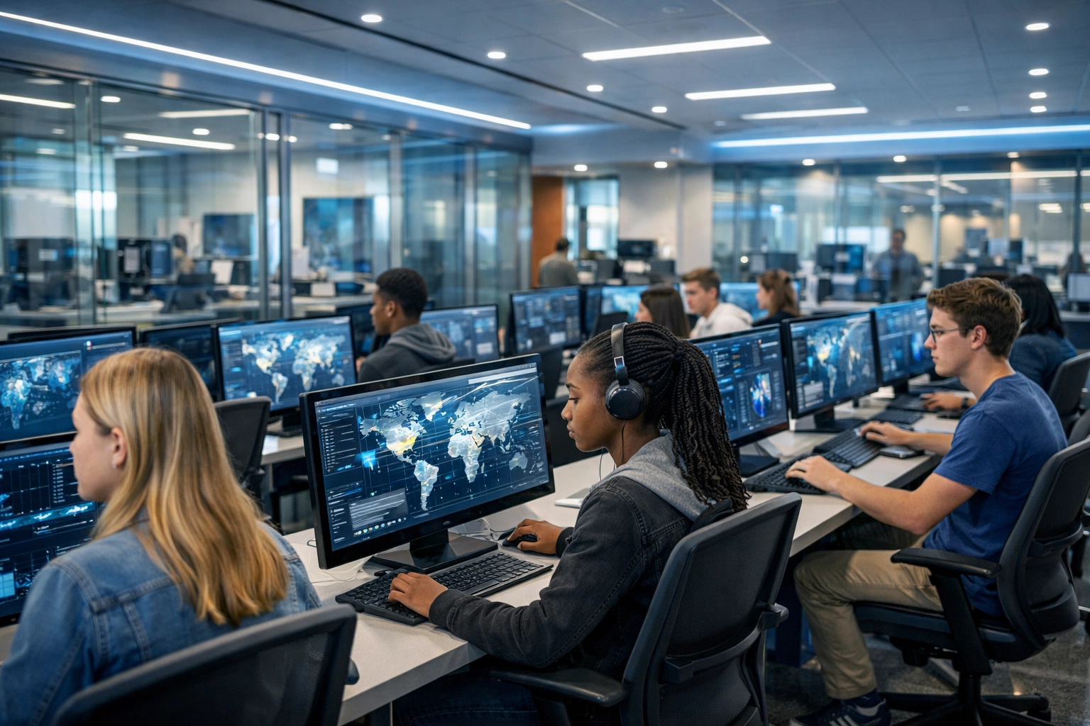 High school students using Cloud Learning Pods to simulate Fortune 100 logistics and build professional skills.