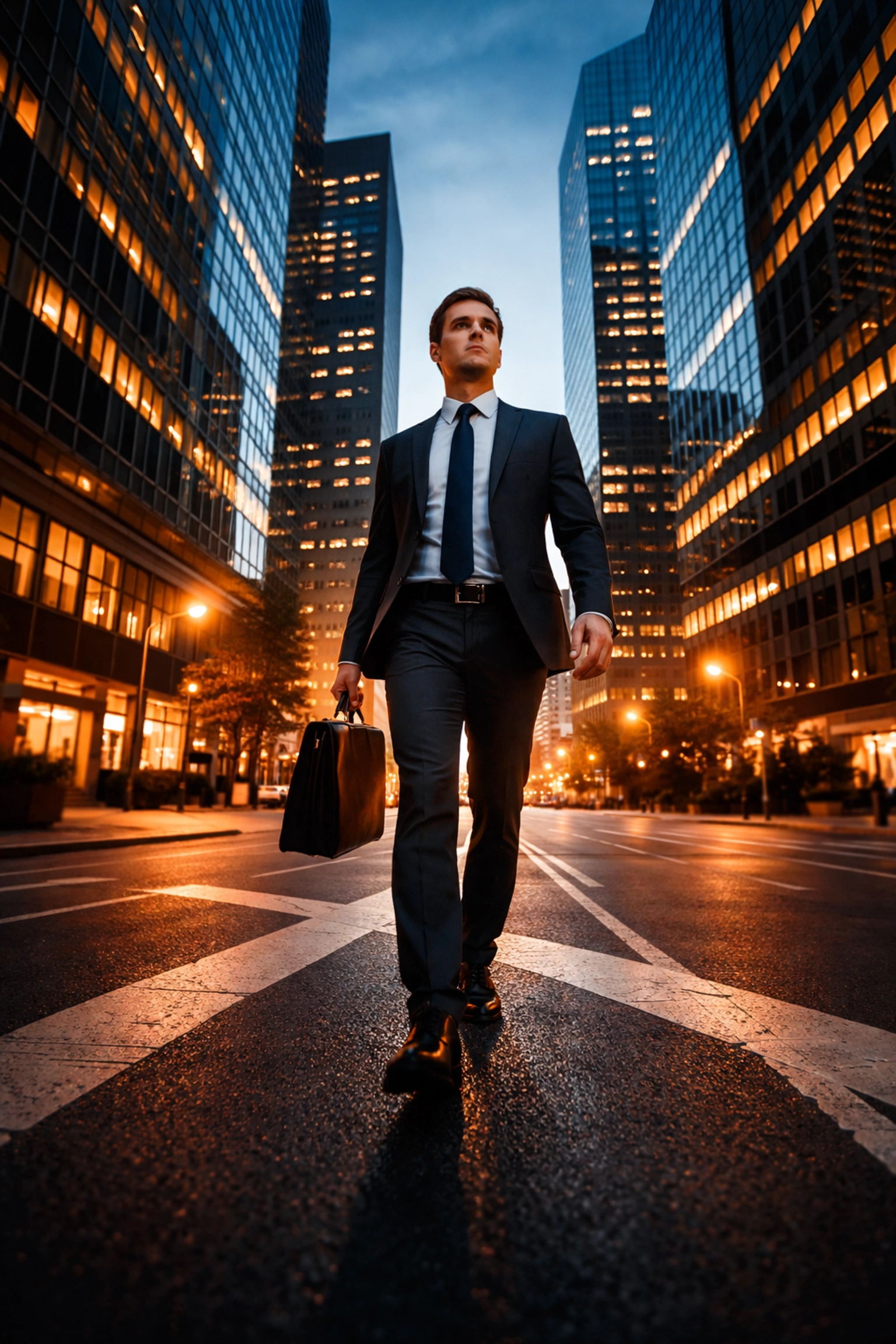 Confident business professional at urban crossroads representing decisive leadership after disruption