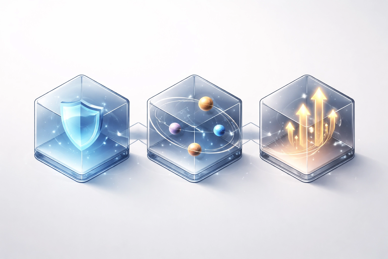 Three transparent cubes symbolize downside protection, uncorrelated returns, and upside potential in the 40/30/30 diversification model.