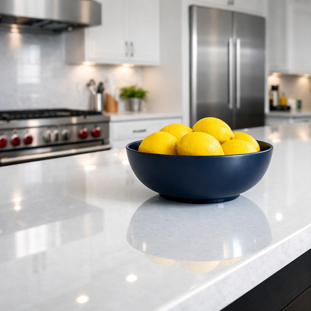 Sparkling kitchen island with polished quartz countertops after a premium residential cleaning in Shrewsbury.