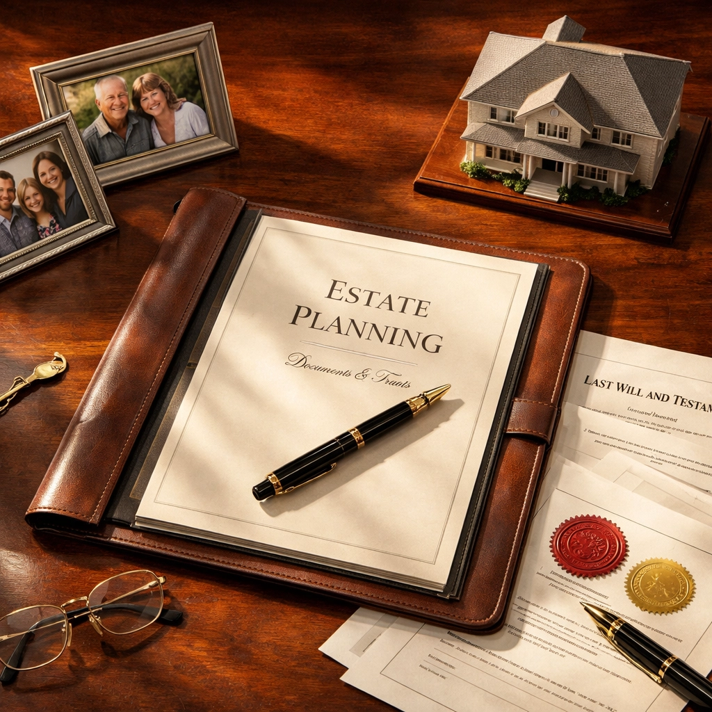 Estate planning documents and family legacy materials on desk for wealth transfer planning