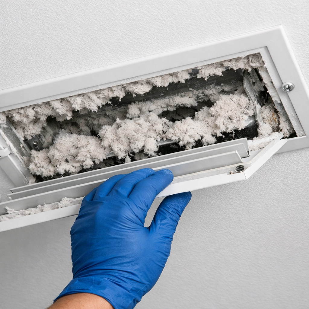 Removing thick construction debris and dust from an HVAC vent to improve indoor air quality.