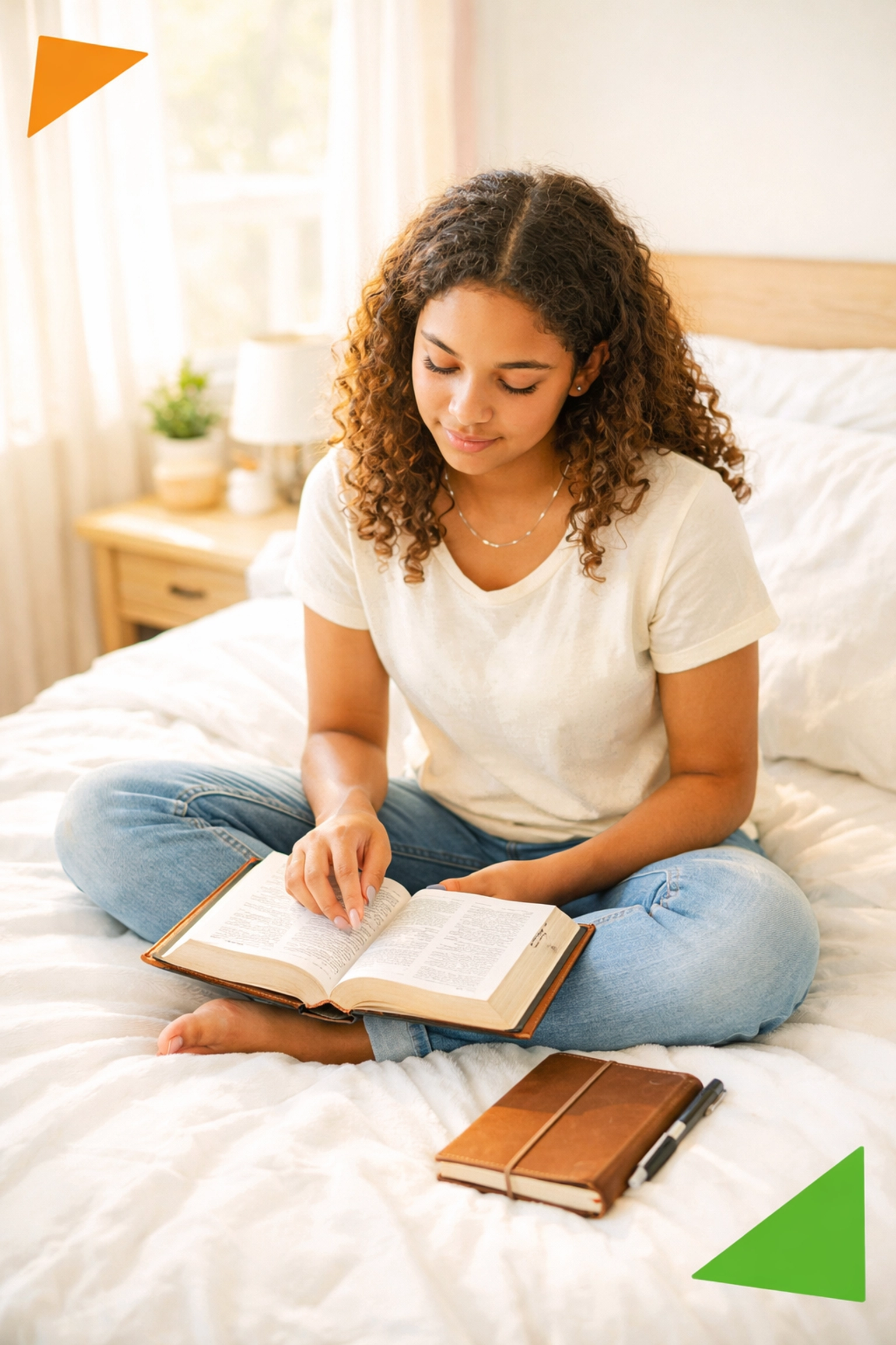 Teen girl reading Bible and journaling in bedroom - teaching Christian life skills through daily devotions